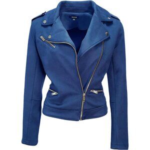 Women's Faux Suede Jacket Long Sleeves Zipper Up Outwear Blue Front Pockets